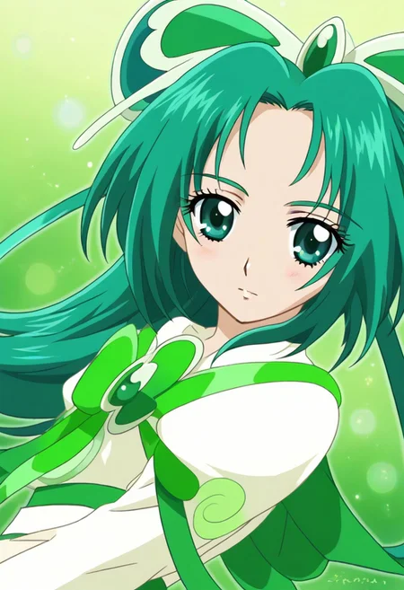detailed background, green hair,, shiny skin,green eyes,<lora:curemint.:1>, curemint, solo,