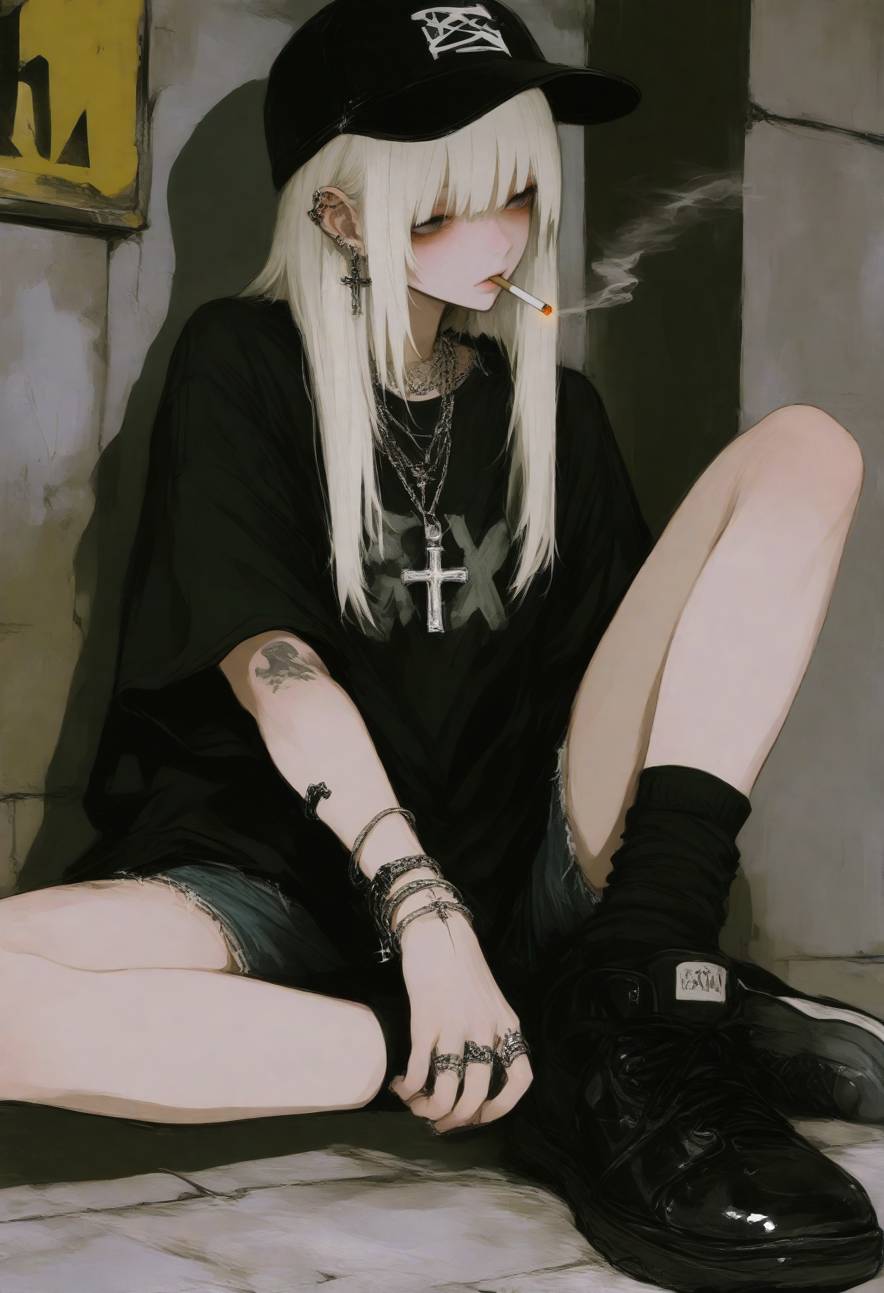 masterpiece, best quality, good quality, (748cm:0.7),
1girl, solo, long hair, shirt, hat, jewelry, sitting, white hair, earrings, shorts, shoes, socks, black footwear, necklace, bracelet, black shirt, black headwear, piercing, ring, black socks, cross, ear piercing, sneakers, baseball cap, cigarette, smoking, cross necklace, chain necklace
<lora:ai_styles_collection_noob_vpred-1.0-v4.02:1>