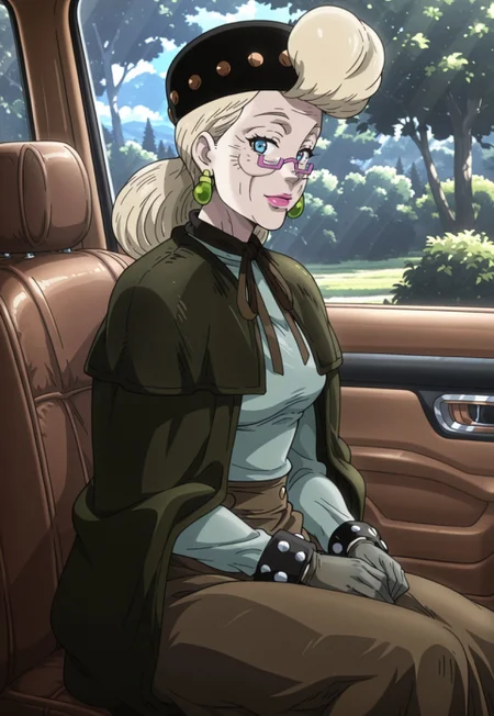 (masterpiece, amazing quality, best quality, anime coloring,detailed),very aesthetic, illustration, perfect composition, intricate details, absurdres, incredibly absurdres, (((1girl,solo,OldSuziQ, Blonde Hair, Blue Eyes, Pink Lipstick, Purple Glasses, Green Earrings, Mature,Black Hat, Bronze Studded Hat, Teal Turtleneck, Dark Green Cloak, Brown Ribbon, Brown Long Skirt, Spotted Cuffs, Gray Gloves,perfect face,detailed eyes))),cowboy shot,from side,car interior, car window, nature,sitting,hands on lap,looking at viewer