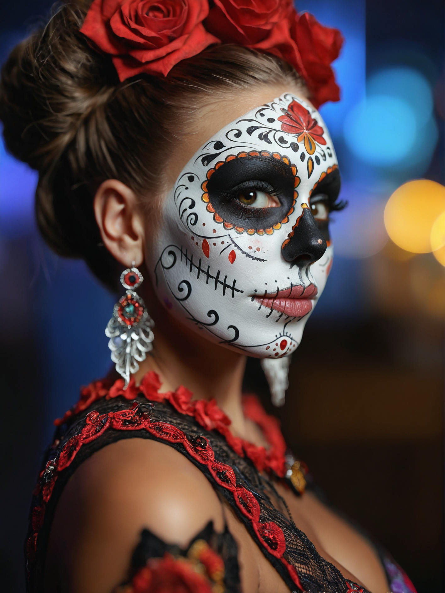 1girl, score_9, score_8_up, score_7_up, solo, photo \(medium\), santa muerte, casting a warm, (mexican, dark skin), giving it a luxurious, beautiful intricate face paint in the style of a sugar skull, brunette, updo hair, from side, and she has large, solo The image is a vibrant, with intricate, (warm colors:1.8), almost translucent white, colorful sugar skull makeup, breasts The image is a highly detailed, and she has striking, photorealistic, featuring intricate black designs around her eyes and a red, digital CGI artwork featuring a stylized, piercing gaze and her lips are painted a deep red, in orange and black. soft lighting, big thick plump lips, kissable lips, These designs include intricate patterns around her eyes, cinematic, kodak film, film grain, cinematic color grading, <lora:detailed_notrigger:1>, (shallow depth of field:1.2), (bokeh:1.3) 85mm f/1.2 lens <lora:CinematicStyle_v1:0.8>  <lora:PerfectEyesXL:0.8>  brown eyes, perfecteyes, detailed eyes, matching iris, natural skin texture