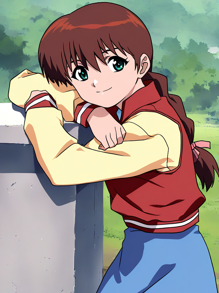 masterpiece, best quality, good quality, <lora:Miyanoshita_Satsuki_IS:1>
Miyanoshita_Satsuki, 1girl, brown hair, green eyes, single braid, long hair, bangs, 11 paint,
blue skirt,red vest,Yellow long sleeves,
 anime coloring,  day, outdoor,
smile,looking at viewer, cowboy_Shot,