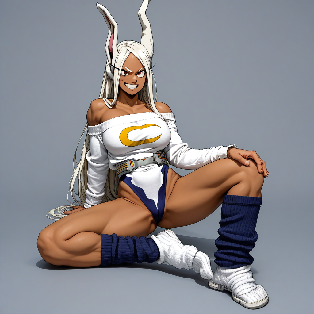 score_9, score_8_up, score_7_up, source_anime, pornstar, porn, pornography, realism, photorealism, dynamic, 1girl, retro_workoutwear, boku_no_hero_academia, my hero academia, Mirko, BREAK, MILF, large breasts, 25 year old female, Mirko\(my hero academia\), 1woman, dark-skinned_female, red eyes, smirk, sexy, horny, (white hair), white clothes, retro_workoutwear, 1980s_(style), aerobics, headband, off_shoulder, highleg_leotard, leg_warmers, thong_leotard, cropped_sweater, leg_warmers, sneakers, studio,