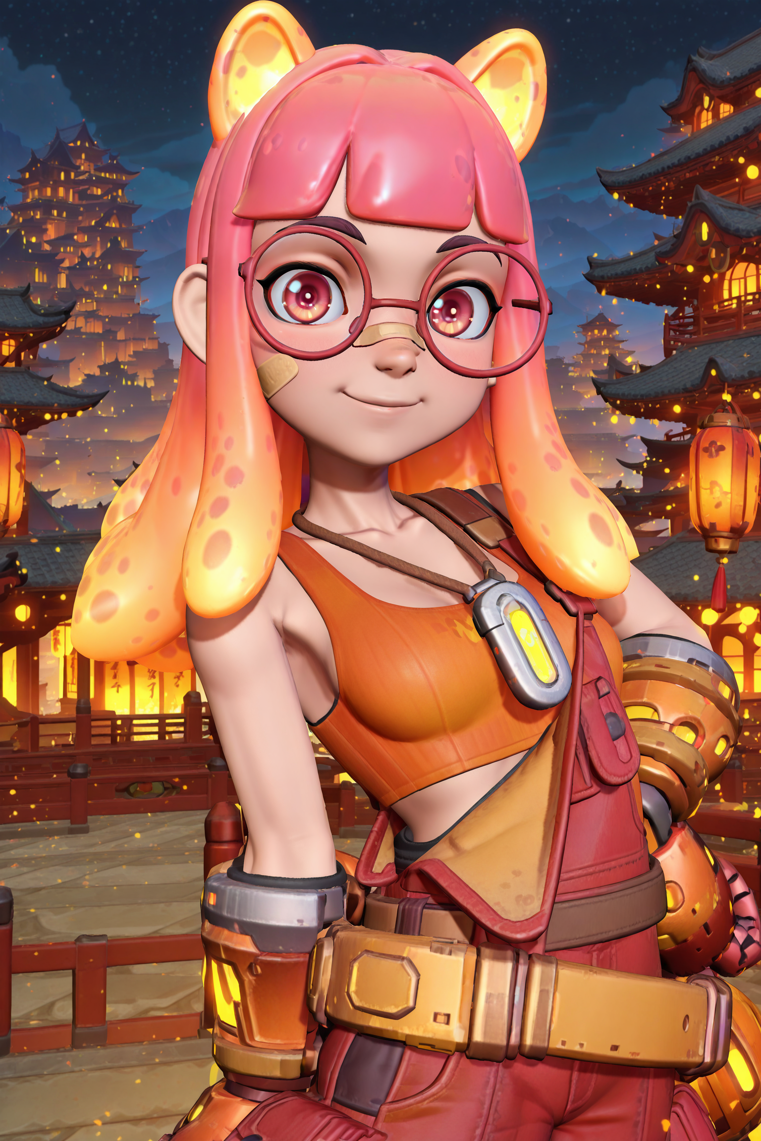 anime screencap, anime coloring, detailed face, masterpiece, best quality, very aesthetic, absurdres, volumetric lighting, official style, amazing quality, ultra detailed, highres, amazing quality, scenery, beautiful detailed hair, beautiful detailed eyes,
<lora:StS-Illustrious-Detail-Slider-v1.0:4>
 <lora:Sindri_T3_Arena:1>
Sindri (character), 1girl, bandaid, bandaid on face, bandaid on nose, tentacle hair, gradient hair, animal ears, multicolored hair, pink hair, glasses, solo, overalls, architecture, looking at viewer,  smile