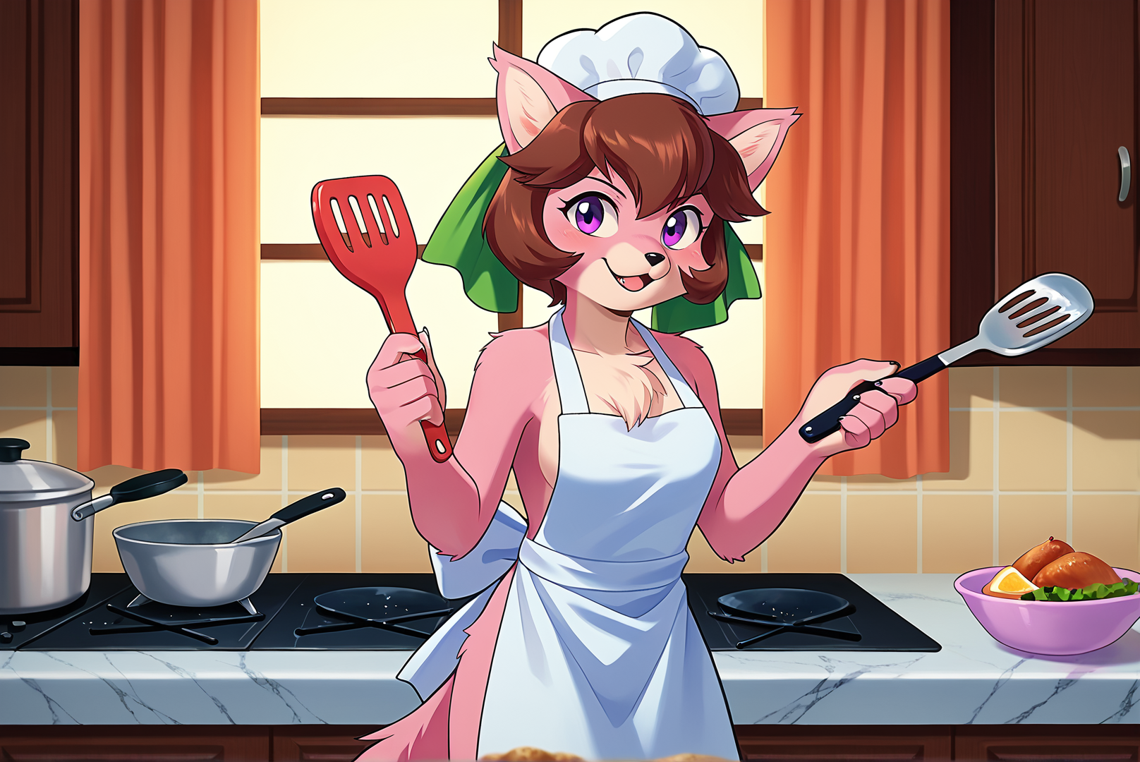 score_9, score_8_up, score_7_up, score_6_up, Detailed Background, BREAK
 <lora:Clawdia_Fighting_Foodons:0.8>, furry female, cl4wdia,  animal ears , pink fur, brown hair, purple eyes, ribbon, bow, BREAK
kitchen, white apron, chef hat, spatula, cooking, food