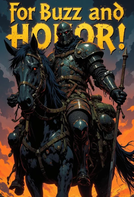 A knight riding a horse, ,dark colors,sword pointed to the sky. Text in golden font "For Buzz and Honor!" CAICO
