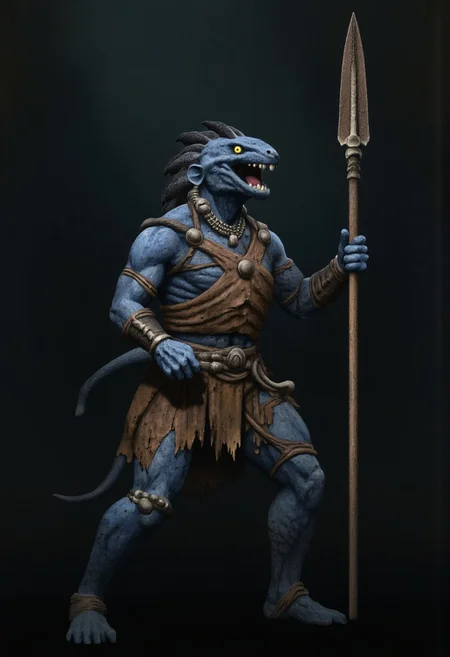 b3rs3rk macro lens d4concept pov, 3D01S, simple background d4artstyle atmospheric and powerful MikeFranchinastyle dark fantasy, natural organic and first person pov of a berserk style creature in the Tsutomu Nihei style
Anthropomorphic reptilian warrior, fusion of dragon, rat, and kobold traits. Muscular bipedal body with blue-gray scaled skin, transitioning to lighter underbelly. Elongated snout with sharp teeth and small protruding fangs. Large, expressive yellow eyes with vertical pupils. Distinctive head features: frilled ears like a kobold, spiky black mohawk running down neck. Armed with primitive weapons: wielding a long spear with metallic tip, dagger at hip. Dressed in leather armor: brown chest piece, tattered loincloth, arm guards, and leg wraps. Adorned with tribal jewelry: bone necklace, metal arm bands. Clawed hands and feet with opposable thumbs. Long, thick tail for balance. Skin texture highly detailed: mix of smooth scales and rough, battle-scarred patches. Pose: alert fighting stance, spear at the ready. Background: misty swamp or dim forest setting. Lighting: moody, emphasizing form and texture. Style: hyper-realistic 3D render with painterly touches. Atmosphere: primal, dangerous creature in its natural habitat.
UHD letterboxed game trailer frame chromatic aberration dark atmosphere sharp masterpiece with a focus on the character, elden ring, dark atmosphere