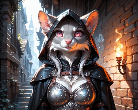 (score_9, score_8_up, score_7_up), Best quality, realistic, photorealistic rendering, inside, torchlight interplay on fur, stone walls, (dimly lit), Lifelike hair gloss, Photorealistic color grading, expressiveh, (close up), portrait, (((full-body shot))),
<break>
Skaven, ratfolk, solo, furry 1girl, grey fur, glowing neon pink eyes, rogue, (medieval leather armor), long black cape, detailed face, knicked ear, black hood, scar over eye, ears through hood, cautious, serious tone, (((detailed fur, fur tufts, thick fur))), (holding a dagger), (((grey fur), silver hair)), medium length hair, (bangs), cleavage, gothic fashion.
1girl has back pressed against wall, preparing to look around corner,
1man in the distance walking towards viewer.