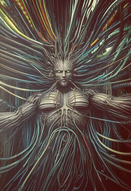 Chris Cold, by Florent Desailly, muscular with exoskeleton lots of thick cables, cables everywhere, EdobHorrorLandscape(((the electric state book by Simon Stalenhag))), by Peter gric, H.R Giger, Chris Cold, by Florent Desailly, humanoid horizon zero dawn, by Peter gric, muscular body with exoskeleton lots of thick cables, F Scott Hess, Hyperrealism style, epiCPhoto, BadDream (((system shock shodan)))