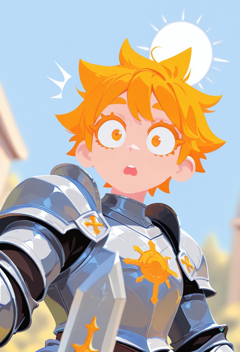 fabulosity_style, best quality, no lineart, no outline, flat color, blurry background, depth of field, thick eyelashes, 1boy, knight, surprised, shocked, sun, sword