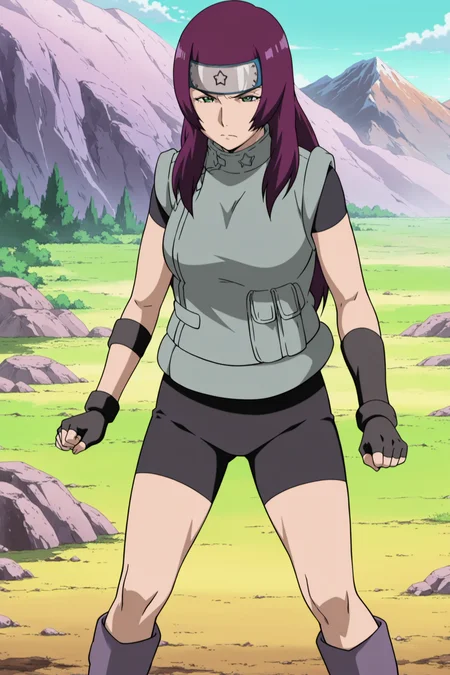anime coloring, anime screencap, masterpiece, best quality, amazing quality,
outdoors
 <lora:Natsuhi_Naruto:1>
mature woman, 1girl, solo, long hair, green eyes,, purple hair,
fingerless black gloves, light green vest, black bike shorts, forehead protector, konohagakure symbol, boots,
serious face, battle pose