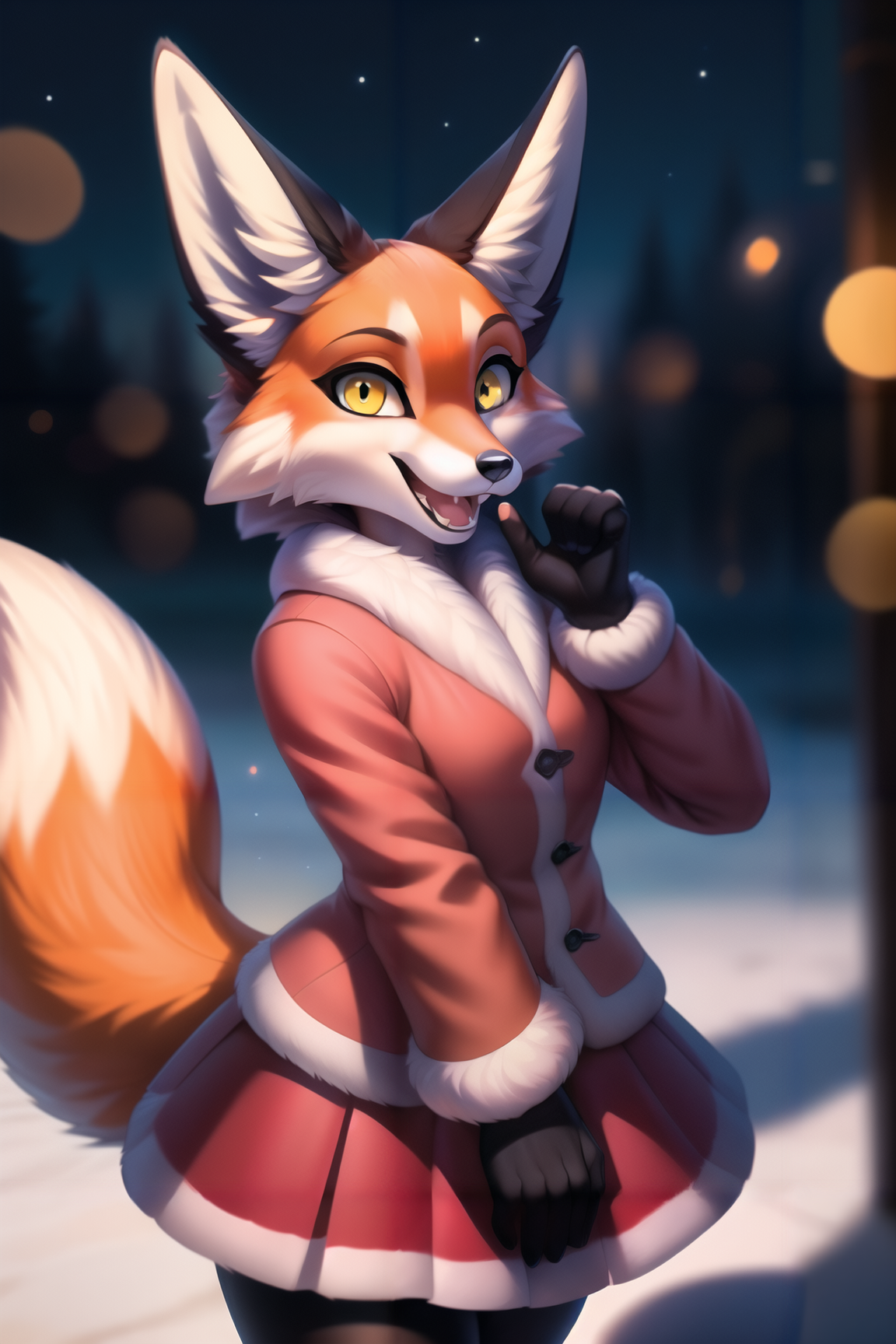Alice, smile, solo, open mouth, (skirt with fur trim), adult girl, gloves ((5 fingers)), (((Masterpiece))), (long sleeves), animal ears, , (jacket with fur trim) , ((one tail)),
,