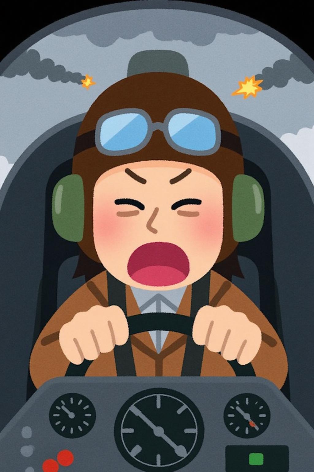 irasutoya1 illustration.
A female pilot screaming inside the cockpit of a World War II bomber. The pilot, wearing a vintage leather flight helmet with goggles and a bomber jacket, grips the controls with white-knuckled hands. Her face is contorted in a mix of fear and determination as she yells, her eyes wide with adrenaline. The cockpit is cramped and filled with old-fashioned dials and gauges, with the outside view showing dark stormy clouds and distant anti-aircraft fire
 <lora:irasutoya1_cap_d8a4e8:1.0><lora:846881713970749521:0>