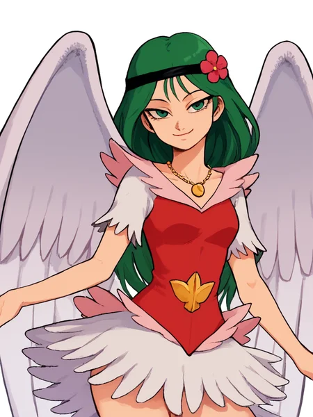score_9, score_8_up, score_7_up, source_anime, 1girl, solo, <lora:Nazca_Pony:1> Nazca, green hair, long hair, green eyes, headband with flower, red dress with pink collar, white fringed shoulders, white fringed hem, necklace, gold emblem, wings, standing, smile, narrow eyes, smug
