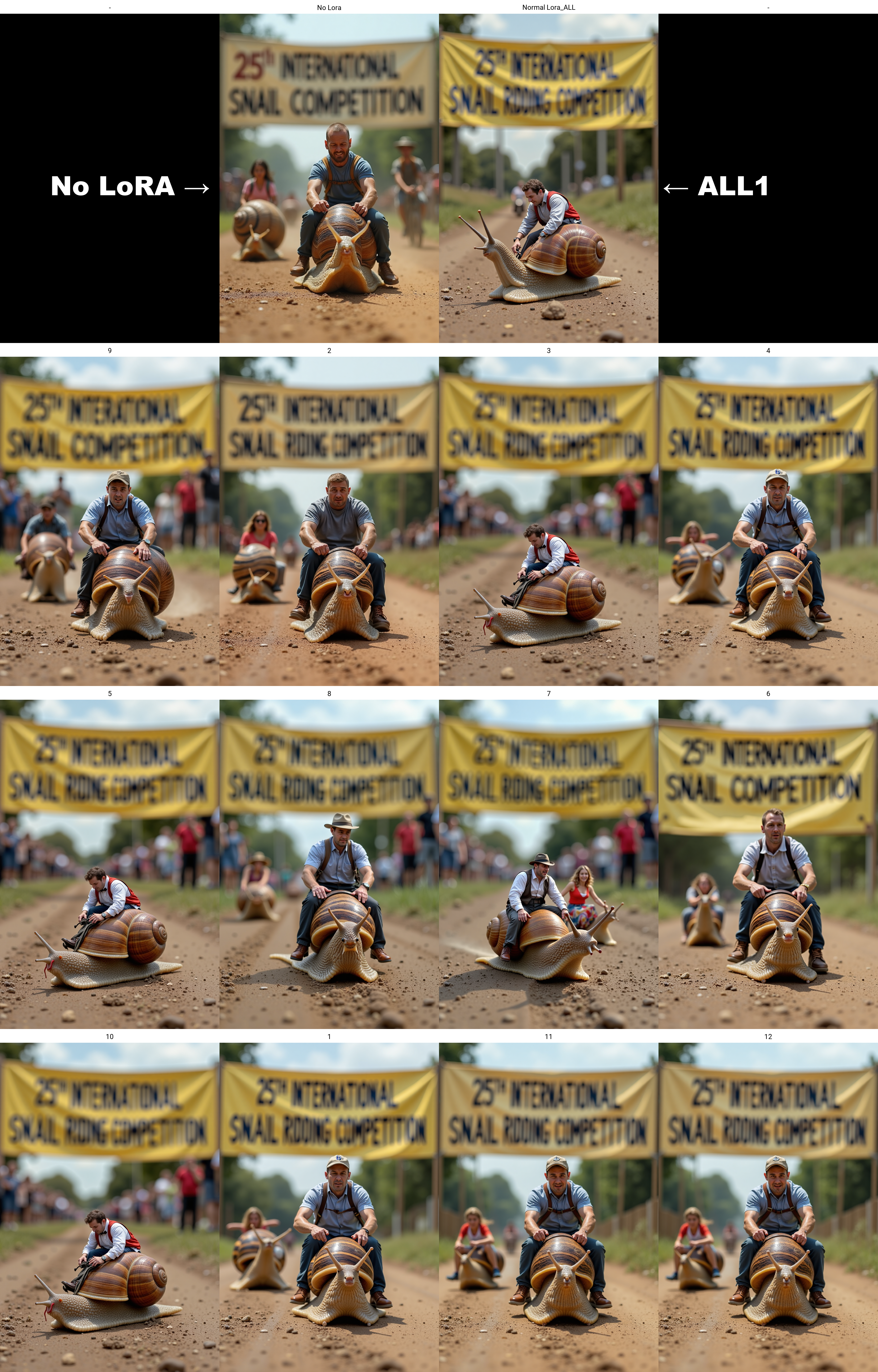 A large banner says "25th International Snail Ridding Competition". A miniature man is ridding a classy snail on a dirt road, he holds tightly onto the slobbering snail with a harness. He is bypassed by a miniature woman who rides a colorful snail. Action packed racing scene. Long depth of field photo.