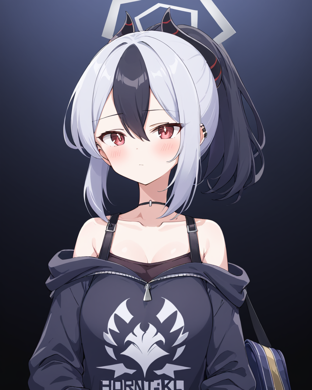 kayoko \(blue archive\),1girl, solo, halo, ponytail, black_choker, looking_at_viewer, closed_mouth, blush, long_sleeves, off_shoulder, zipper, earclip, black_hoodie, ear_piercing, bag, bare_shoulders, demon_horns, sidelocks, zipper_pull_tab, collarbone
<lora:kayoko_(blue_archive)_image350_batch3_v1-000045:1>,halo,. gorgeous,key visual, vibrant, studio anime,award-winning, professional, highly detailed,high budget, cinemascope
