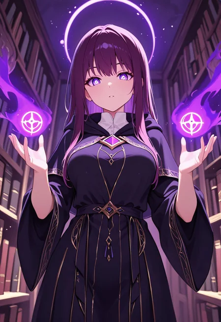masterpiece, best quality, good quality, very aesthetic, absurdres, newest, 8K, depth of field,  in the style of cknc, artist:moriimee, in the style of cksc, 
1girl, long purple hair, flowing, violet eyes, medium breasts, perky, ornate robe, glowing runes, glossy skin, casting spell, hands raised, looking at viewer, from front
BREAK
wizard's tower, bookshelves, magical artifacts
BREAK
dynamic light, purple glow, high contrast, mystical haze, rich details, enchanting vibe