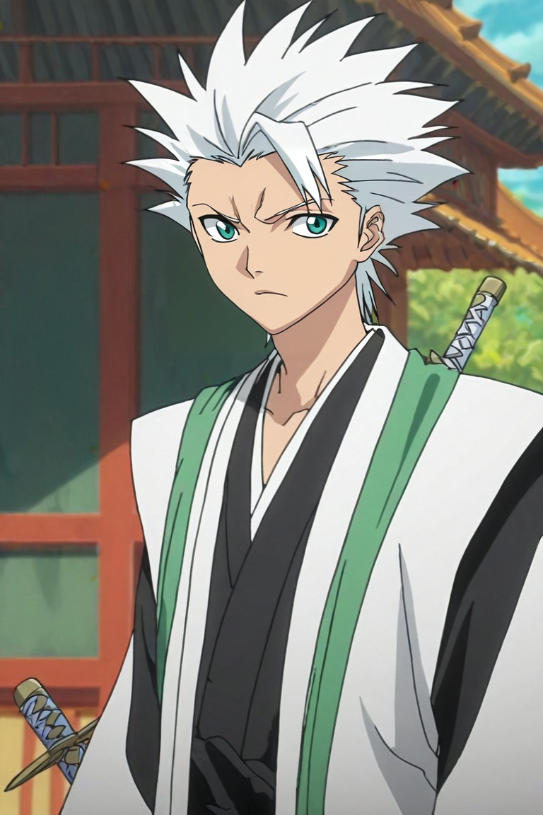 score_9, score_8_up, score_7_up, score_6_up, score_5_up, score_4_up, BREAK source_anime, anime screencap, anime coloring, , looking at viewer, , depth of field, 1boy, solo, male focus, <lora:toushirou_hitsugaya_pony:0.74>, toushirou_hitsugaya, white hair, green eyes, spiked hair, japanese clothes, sword, haori, , , gazebo, , <lora:sdxl_lightning_8step_lora:1>