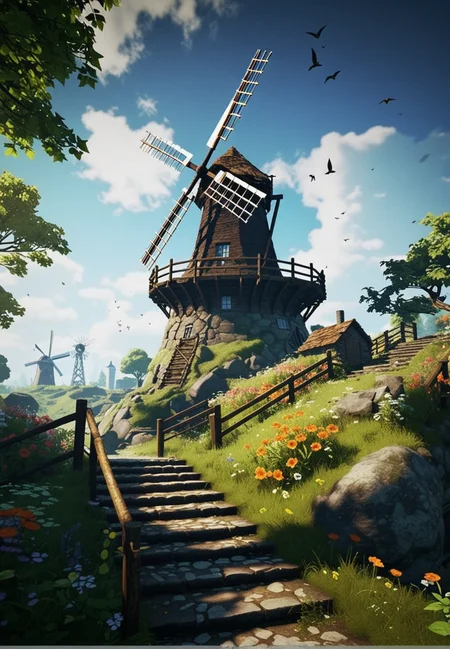 (epic:1.2), trending on artstation, (high quality:1.2), (masterpiece:1.2), high details, incredibly absurdres, colorful), (vintage:1.33), (neon:1.33), (dreamlike:1.29), (Ori and the blind forest game style:1.36), (South Park Style:1.27), (Over-the-shoulder shot:0.98) (mug shot:1.36) ,, (object: (penrose stairs:1.29)) , , (location:(windmill:1.21))