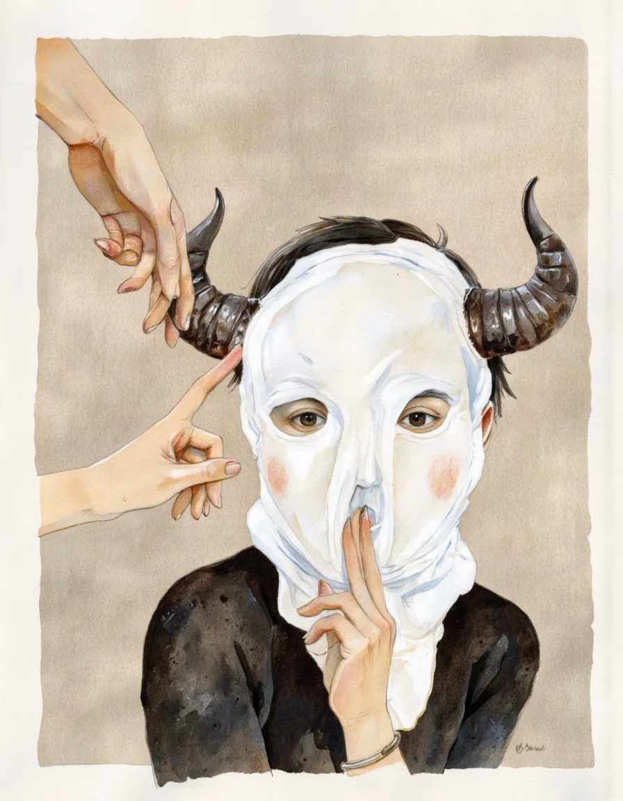 By Taiyo Matsumoto. A watercolor and ink illustration from a front camera angle about a person wearing a white, fluffy mask with horns and fingernails, holding a finger up to their face. the image also shows a hand reaching towards the face of the person. on the middle of the image, a young woman appears to be in her early twenties, with black hair and brown eyes. she is wearing a black outfit and has a serious expression on her face. her face is covered in a fluffy white mask, and she is looking directly at the viewer. the background is a plain beige color, and the image is framed with a watermark in the bottom right corner. <lora:Taiyo_Matsumoto-000008:1>