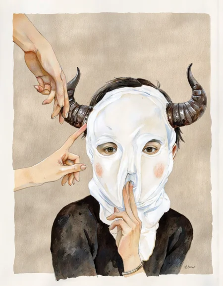 By Taiyo Matsumoto. A watercolor and ink illustration from a front camera angle about a person wearing a white, fluffy mask with horns and fingernails, holding a finger up to their face. the image also shows a hand reaching towards the face of the person. on the middle of the image, a young woman appears to be in her early twenties, with black hair and brown eyes. she is wearing a black outfit and has a serious expression on her face. her face is covered in a fluffy white mask, and she is looking directly at the viewer. the background is a plain beige color, and the image is framed with a watermark in the bottom right corner. <lora:Taiyo_Matsumoto-000008:1>