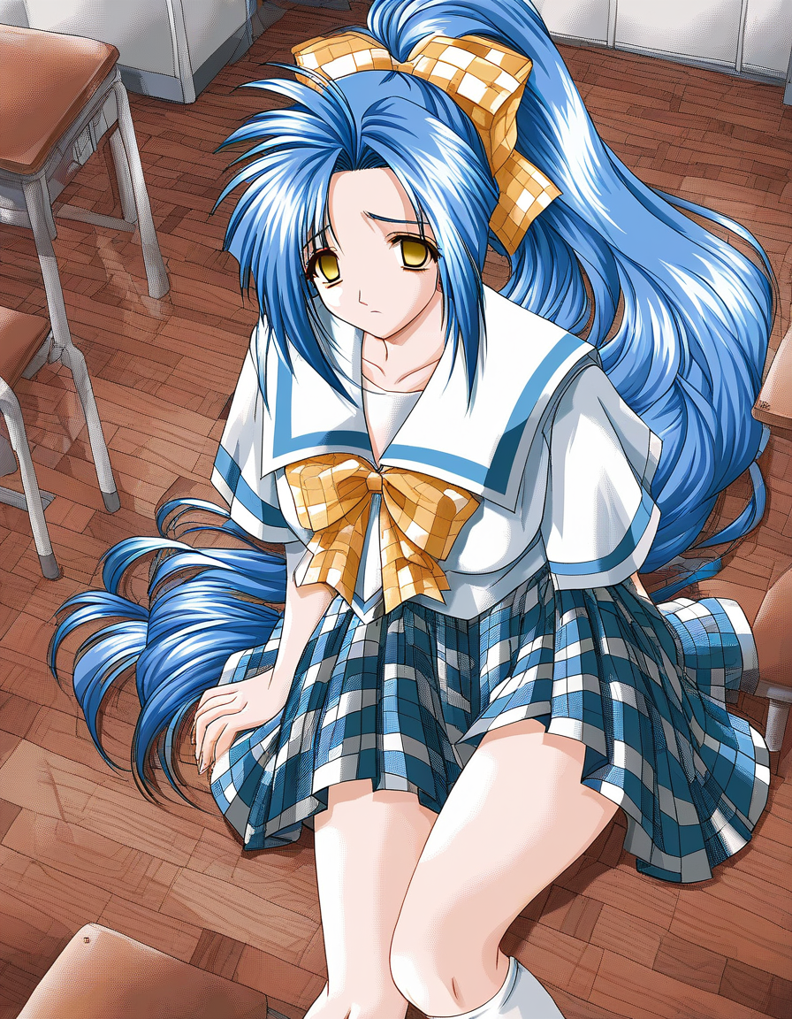 score_9, score_8_up, score_7_up, source_anime, rating_explicit, BREAK  <lora:Ai_akumu95_XL:1> Ai_akumu, blue hair, long hair, ponytail, hair ribbon, yellow eyes, breasts, Yellow plaid bow, empty eyes, 
light orange school uniform, checked skirt, 
looking at viewer, sad, 
cowboyShot,
room,