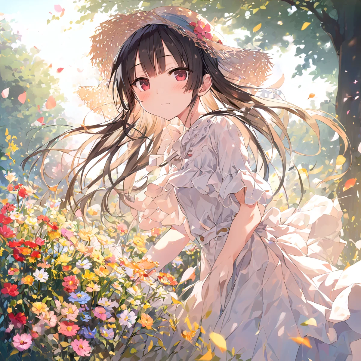 masterpiece, flat, impressionistic painting, by Claude Monet, (hachiroku:1.2),   soft flowers,clusters flower,petal,(colorful flowers:1.2),blue ambient light,looking at viewer,outdoors,summer,afternoon, blurry background,wind,  detailed face, profit, <lora:8620_XL_test:1>