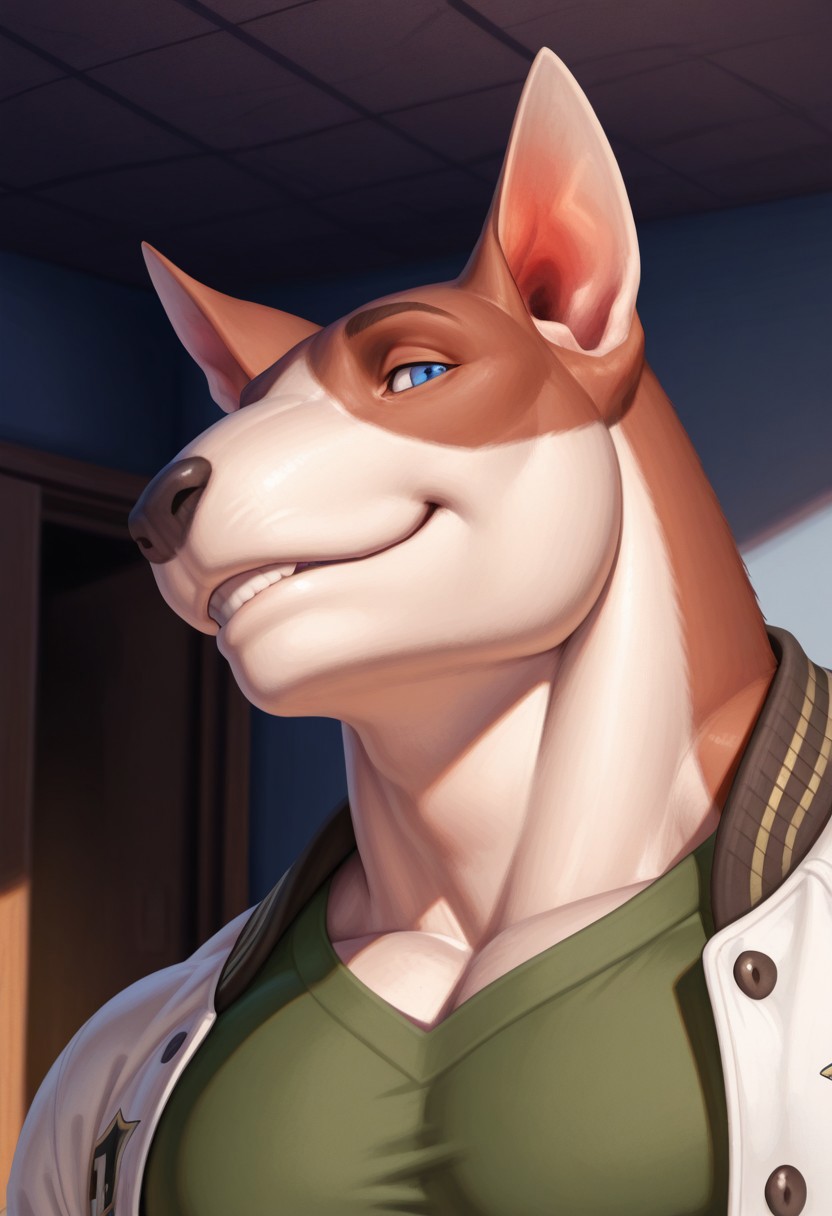 Dan, solo, bull terrier, furry, tail, detailed eyes, perfect eyes, perfect face, grin, brown fur, two-tone fur, white fur, blue eyes, muscular, bara, manly, mature, large pectorals, face focus, portrait, dynamic angle, green shirt, letterman jacket, open jacket, BREAK masterpiece, best quality, amazing quality, very aesthetic, high resolution, 4K, extremely-detailed, depth of field, separate focus, newest, scenery, detailed fur, detailed muscles, semi realistic lighting, vibrant colors, high sharpness, soft shading, photorealism, photorealistic,  <lora:Dan_Meeshv2:1>