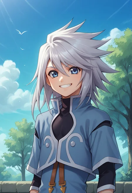 score_9, score_8_up, score_7_up, source_anime, highly detailed,
genis, solo, male focus, 1boy, long hair, smile, shirt, shorts, jacket, black shirt, blue jacket, standing, looking at viewer, bracelet, jewelry, silver hair, upper body, blue eyes, slender, skinny, grin,
outdoor, sky, tree,