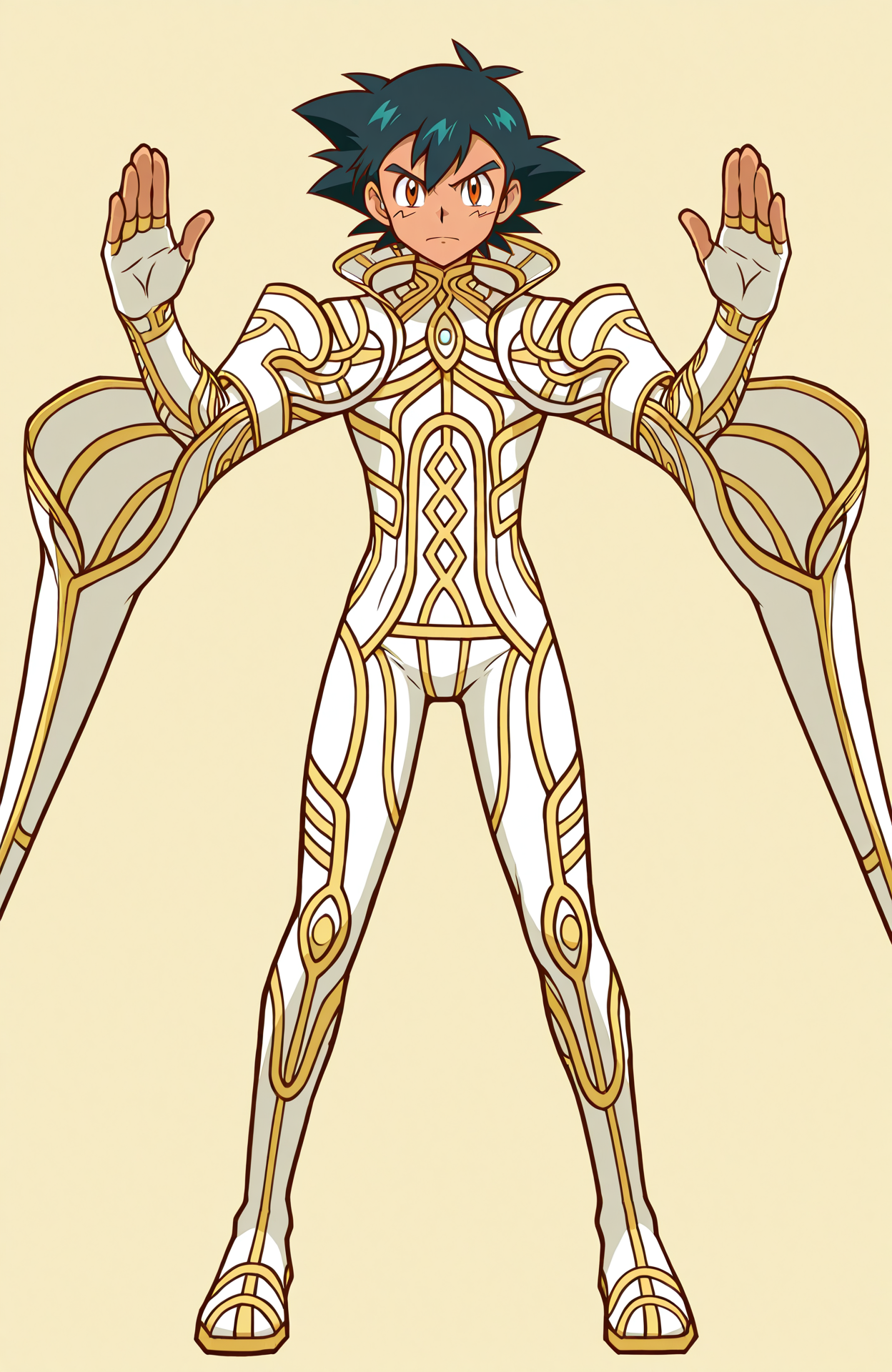 zanza_outfit, 
ash ketchum,
straight-on,
1boy, solo,
dynamic pose,
fighting stance, 
anime style,
simple background,
<lora:[Char - IL] Xenoblade - Zanza [+Clothes] (R1E14):1>
