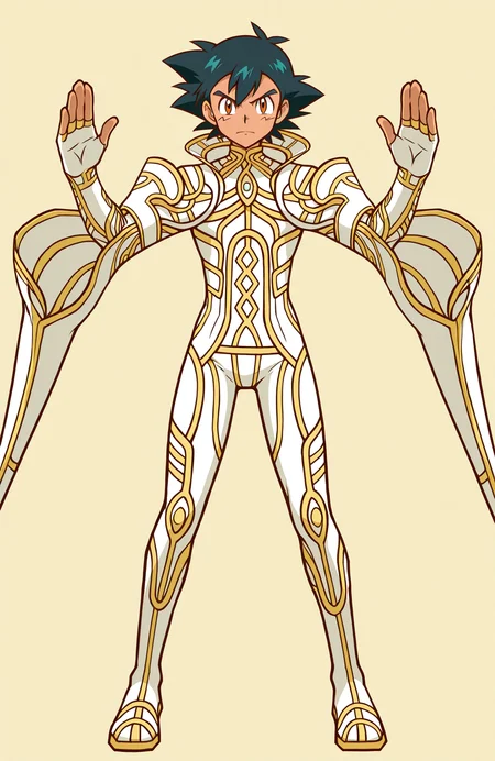 zanza_outfit, 
ash ketchum,
straight-on,
1boy, solo,
dynamic pose,
fighting stance, 
anime style,
simple background,
<lora:[Char - IL] Xenoblade - Zanza [+Clothes] (R1E14):1>