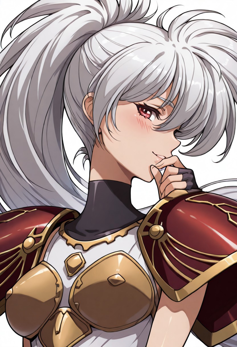 masterpiece,best quality,amazing quality,
1girl,solo,<lora:luna_ilxlv1:1>,Luna,white hair,red eyes,hair ornament,ponytail,l_clothes,shoulder armor,
<lora:Fixhands_anime_bdsqlsz_V1:1>,looking_at_viewer,upper_body,face_focus,dynamic_angle,cinematic_angle,smile,light_blush,white_background,simple_background,hand to own mouth,profile,