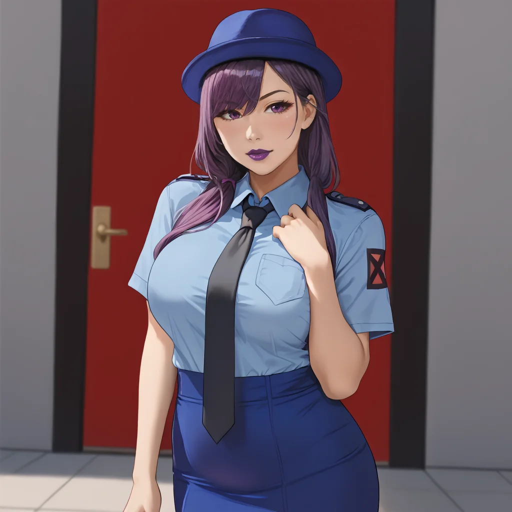 <lora:psylocke_pony_v1:1> PsylockeMarvel, 1girl,  purple hair, long hair, large breasts, purple eyes, asian,  makeup, purple lipstick,eyeshadow, cowboy shot,  <lora:0820 tokisaki kurumi policewoman fan costume_v1_pony:1> ruanyi0820,black necktie,blue hat,blue shirt,blue skirt,black pantyhose,short sleeves