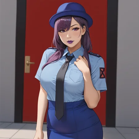 <lora:psylocke_pony_v1:1> PsylockeMarvel, 1girl,  purple hair, long hair, large breasts, purple eyes, asian,  makeup, purple lipstick,eyeshadow, cowboy shot,  <lora:0820 tokisaki kurumi policewoman fan costume_v1_pony:1> ruanyi0820,black necktie,blue hat,blue shirt,blue skirt,black pantyhose,short sleeves