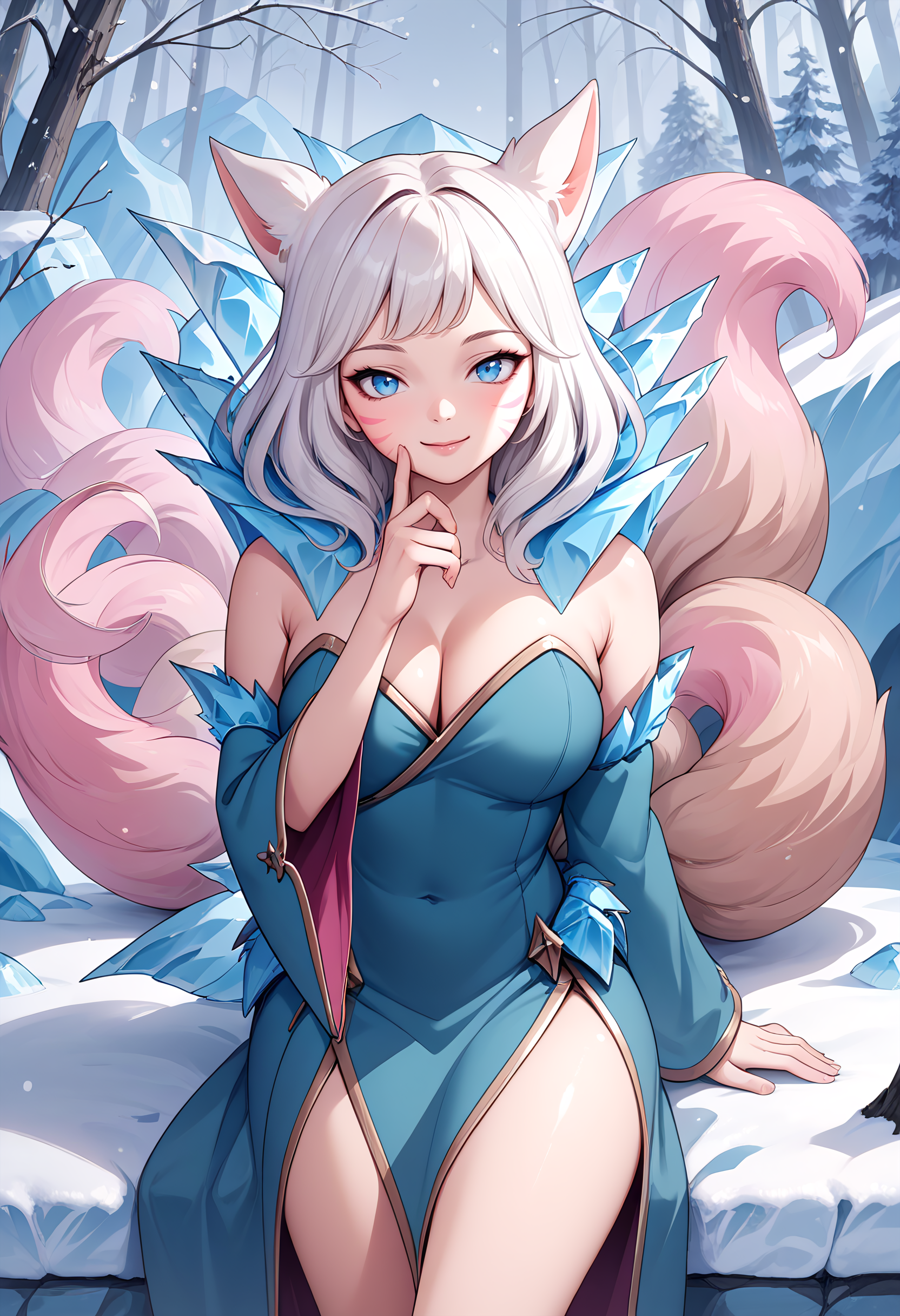 score_9, score_8_up, score_7_up, source_anime BREAK 1girl, solo, looking at viewer, cowboy shot, 
<lora:Ahri_WinterQueen_pdxl_Incrs_v1:1>, ahriWntrQun, animal ears, facial mark, fox tail, multiple tails, pink tails, long hair, white hair, blue eyes, large breasts, ice, blue dress, strapless dress, bare shoulders, cleavage, detached sleeves, wide sleeves
large breasts, skindentation,smile, hand on own chin, thinking, 
outdoors, winter, snowing, nature, forest,