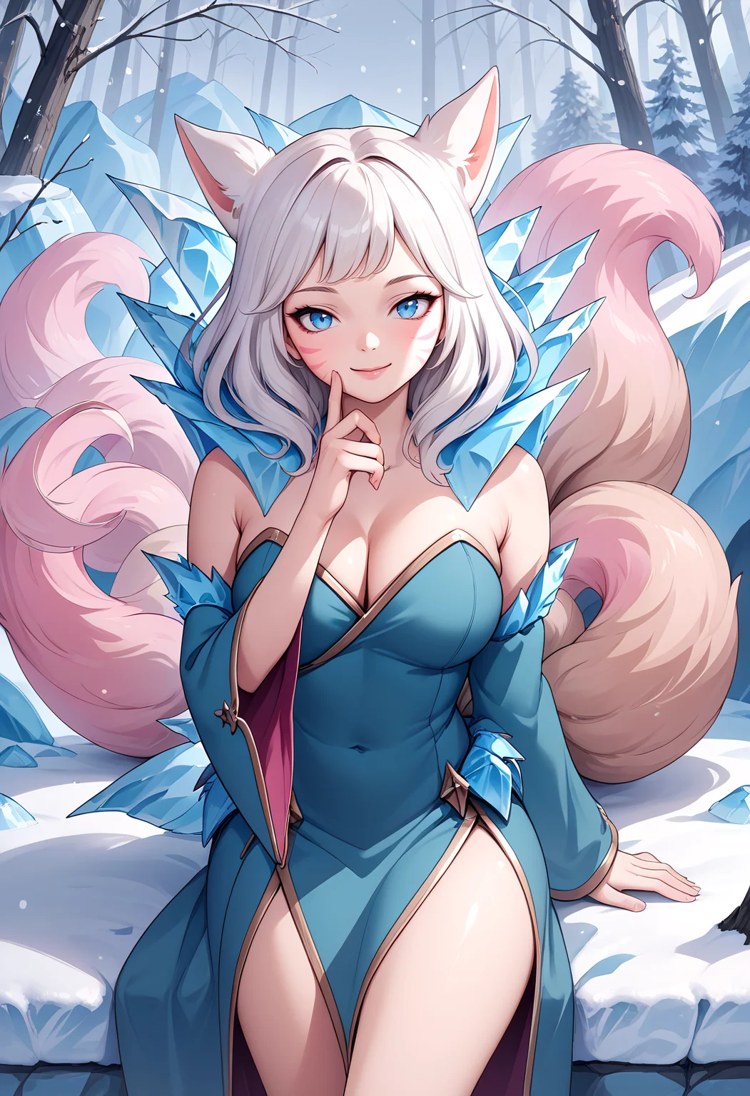 score_9, score_8_up, score_7_up, source_anime BREAK 1girl, solo, looking at viewer, cowboy shot, 
<lora:Ahri_WinterQueen_pdxl_Incrs_v1:1>, ahriWntrQun, animal ears, facial mark, fox tail, multiple tails, pink tails, long hair, white hair, blue eyes, large breasts, ice, blue dress, strapless dress, bare shoulders, cleavage, detached sleeves, wide sleeves
large breasts, skindentation,smile, hand on own chin, thinking, 
outdoors, winter, snowing, nature, forest,