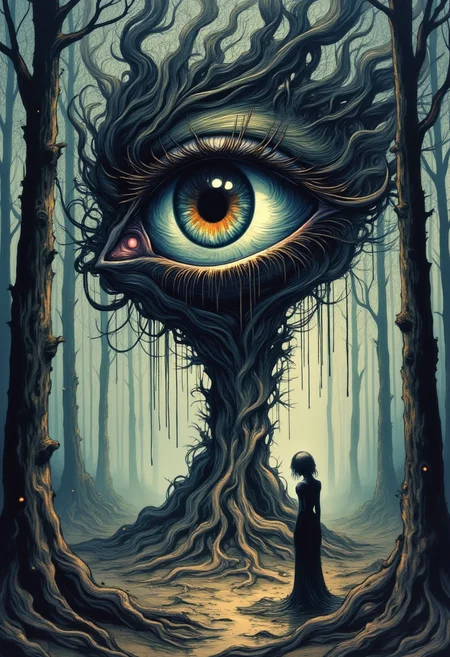 yfg-liqd, Gothic digital painting of a giant, detailed eye rooted like a tree in a misty forest, watched over by a dark-haired woman with with intricate textures and vibrant colors. The scene should include a rich variety of elements, each contributing to the overall atmosphere. Lighting should be soft, diffused, and natural, enhancing the depth and realism of the scene. The mood is to be calm yet vibrant, creating a sense of serenity and wonder. Every detail in the scene should be meticulously rendered, emphasizing the contrast between light and shadow, and capturing the fine textures and subtle gradients. The color palette should be carefully chosen to evoke emotion, with each hue enhancing the aesthetic appeal of the overall composition. The final image should be immersive and captivating, drawing the viewer into its intricately detailed world.