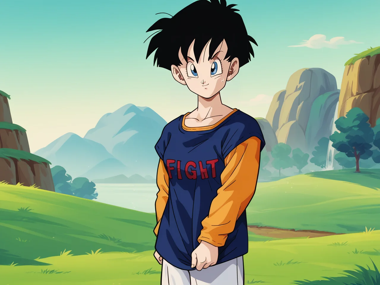 Videl, 1girl, short hair, dark blue shirt, long sleeved orange shirt,  black hair, clothes writing, white sweatpants, <lora:Videl-prodigy-7:0.8>,   score_9, score_8, score_8, solo, portrait, looking at viewer, outdoors, grass
