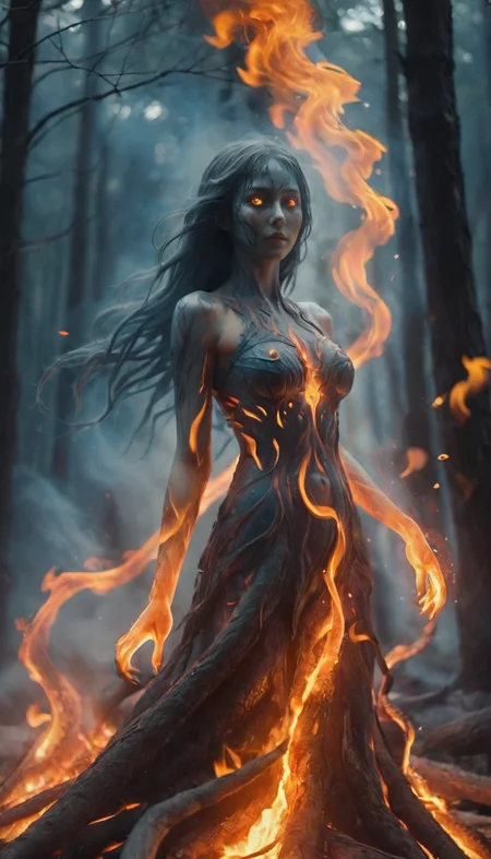 (fire element:1.1),composed of fire elements,(1girl:1.3),<lora:xl-shanbailing-1003fire-000010:0.75>,
highly detailed,masterpiece,malicious fire elemental emerges from (burning forest:1.2),evil eyes,trees on fire and rising smoke background,faint blue hue,swirling fire,mythical,mystical,glowing_hands,