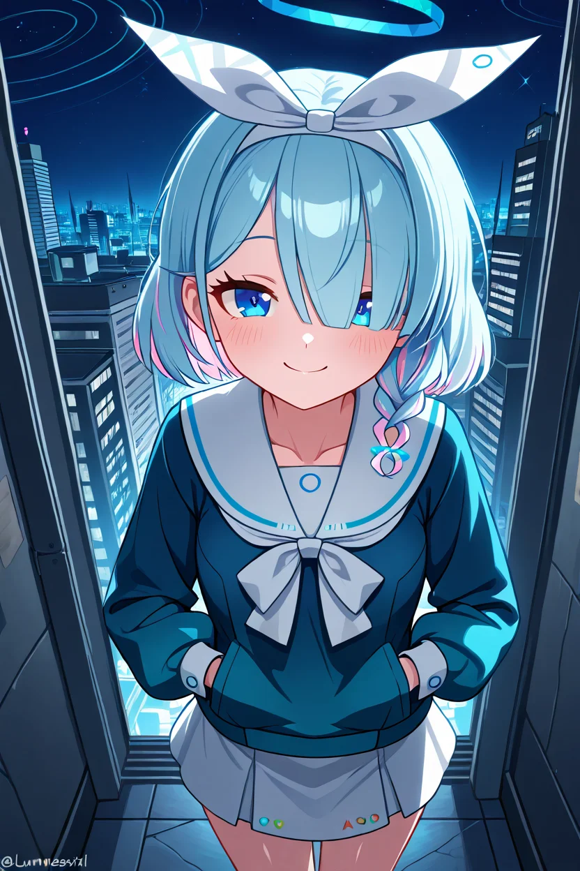 masterpiece, best quality, 1girl, solo, 21 year old model, eyelashes, (beautiful eyes), ,,, zzArona, blue eyes, blue hair, hair over one eye, bangs, blue halo, mechanical halo, long sleeves, ribbon, school uniform, serafuku, skirt, white skirt, <lora:AronaBlueArchiveIXL:1.0>, ,,, stars, night, luminescent background, city, back alley, smug, hands in pockets, smile, looking at viewer, shiny skin, <lora:princess_xl_v2:0.3>,