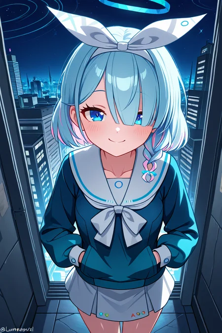 masterpiece, best quality, 1girl, solo, 21 year old model, eyelashes, (beautiful eyes), ,,, zzArona, blue eyes, blue hair, hair over one eye, bangs, blue halo, mechanical halo, long sleeves, ribbon, school uniform, serafuku, skirt, white skirt, <lora:AronaBlueArchiveIXL:1.0>, ,,, stars, night, luminescent background, city, back alley, smug, hands in pockets, smile, looking at viewer, shiny skin, <lora:princess_xl_v2:0.3>,