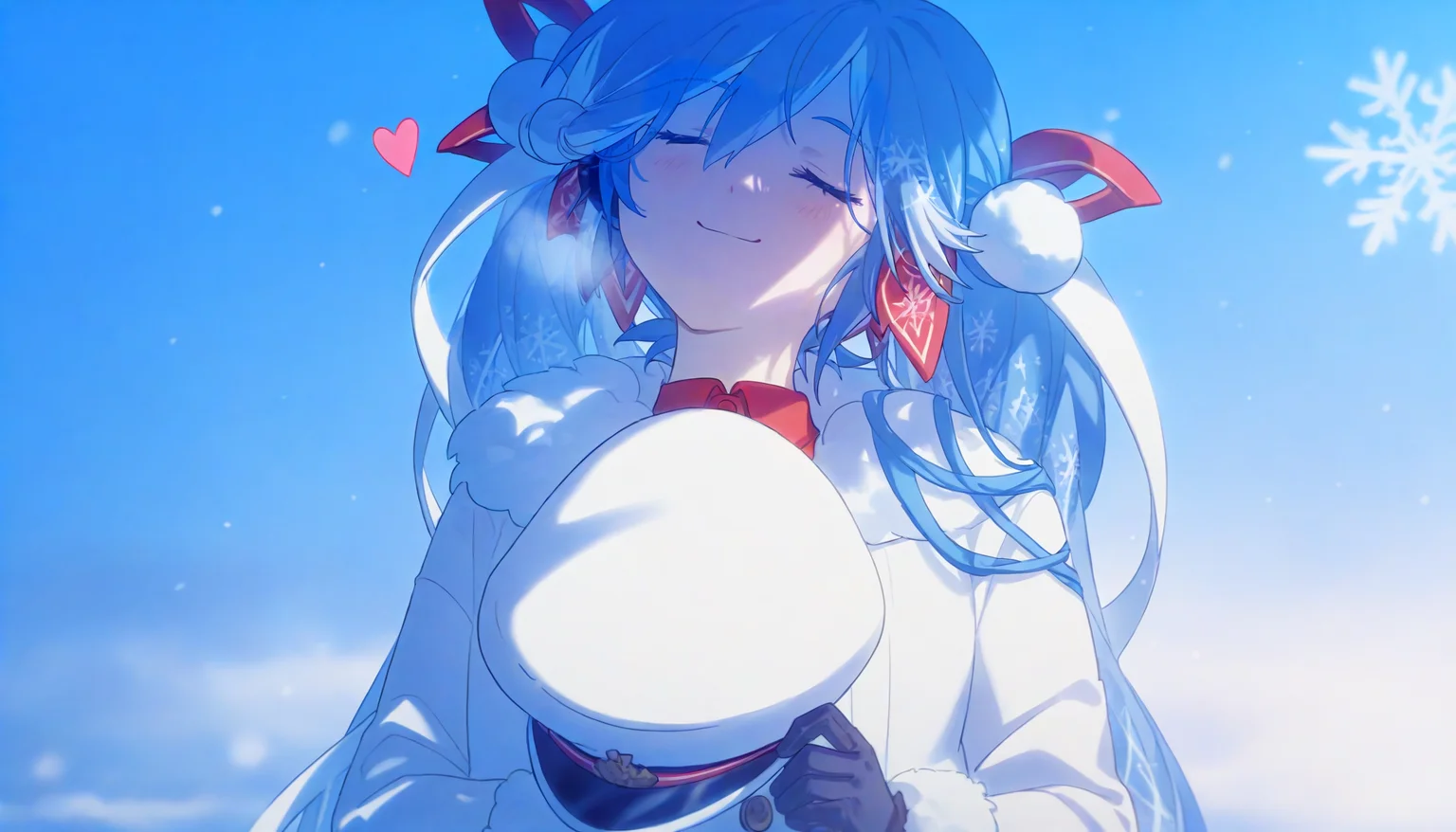 1girl, yuki miku, hatsune miku, holding clothes, hat, fur-trimmed coat, white headwear, holding, solo, closed eyes, black gloves, peaked cap, heart, long hair, fur trim, holding hat, twintails, gloves, upper body, unworn hat, white jacket, blue hair, snowflake print, unworn headwear, jacket, smile, coat, buttons, sky, naval uniform, hair ribbon, snowflakes, <lora:KonyaKarasue:0.8>, best quality, masterpiece, konya karasue