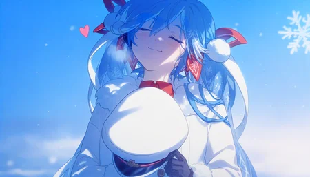 1girl, yuki miku, hatsune miku, holding clothes, hat, fur-trimmed coat, white headwear, holding, solo, closed eyes, black gloves, peaked cap, heart, long hair, fur trim, holding hat, twintails, gloves, upper body, unworn hat, white jacket, blue hair, snowflake print, unworn headwear, jacket, smile, coat, buttons, sky, naval uniform, hair ribbon, snowflakes, <lora:KonyaKarasue:0.8>, best quality, masterpiece, konya karasue
