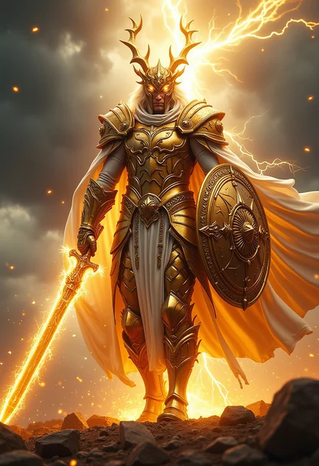 A hyper-detailed, breathtaking depiction of Pallaxs, a legendary warrior and leader. He stands tall, clad in radiant golden armor forged from the shimmering scales of a dragon, each scale reflecting light with an ethereal brilliance. His powerful form is illuminated by the divine glow of the gods’ blessing, casting a warm, otherworldly aura. In his hands, he wields a massive longsword crackling with lightning and sparks, its energy arcing to the ground, and a majestic shield emblazoned with celestial symbols. A pristine white cape billows behind him, carried by an unseen force of power and authority. The backdrop features a storm-lit battlefield, with dark clouds pierced by rays of divine light, highlighting his presence as a savior and champion. Every detail is captured with 8K realism, from the textures of his armor to the crackling energy of his blade, creating an awe-inspiring, unforgettable image.