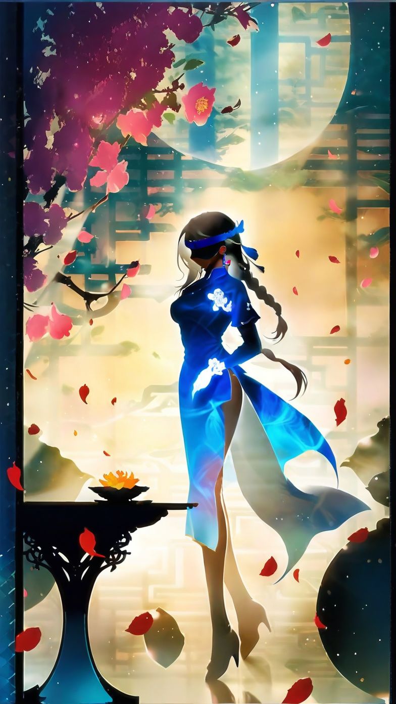 white chinese dress, white hair, long hair, hair braid, earring, (blindfold), made of ([blue and white]:1.4) color, medium breast, chinese style, bloom, flower, petal, [fully blossomed trees::5], silhouette, harada miyuki style, masterpiece, best quality, <lora:harada_miyuki_style:1>