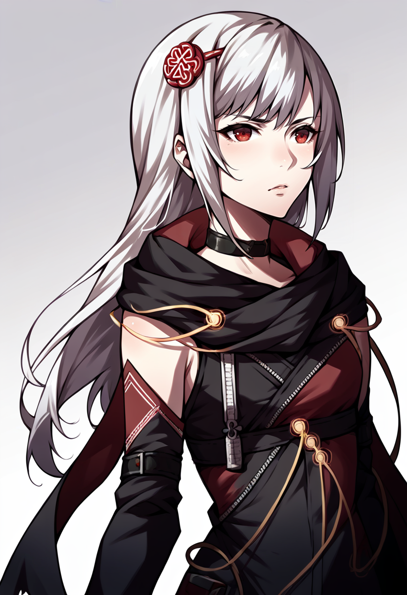 score_9, score_8_up, score_7_up, source_anime, 1girl, <lora:zs_AwakeningPortraitsXL:1> awakeningportraits, portraits, white background, <lora:KasaneSN-pdxl:1> defKasane, long hair, hair ornament, choker, black jacket, black scarf, red cape, detached sleeves, cables, red gloves, fingerless gloves