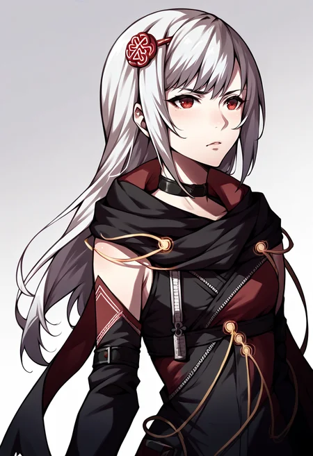 score_9, score_8_up, score_7_up, source_anime, 1girl, <lora:zs_AwakeningPortraitsXL:1> awakeningportraits, portraits, white background, <lora:KasaneSN-pdxl:1> defKasane, long hair, hair ornament, choker, black jacket, black scarf, red cape, detached sleeves, cables, red gloves, fingerless gloves