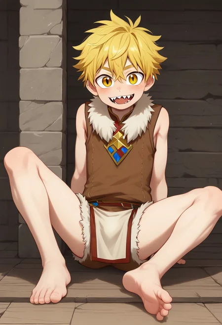 Masterpiece, 1boy, solo, young, slender, skinny, cute boy, cute smile, wild boy, fur vest, fur loincloth, fur shorts, barefoot, sharp teeth, fangs,