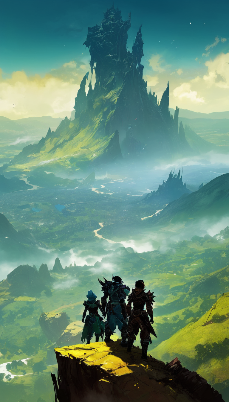 Cinematic scene, a group of adventurers standing on a mountaintop, overlooking a vast valley below, masterpiece, best quality, high quality, absurdres, vivid, guild wars 2 <lora:guild_wars_xl_v3:1>