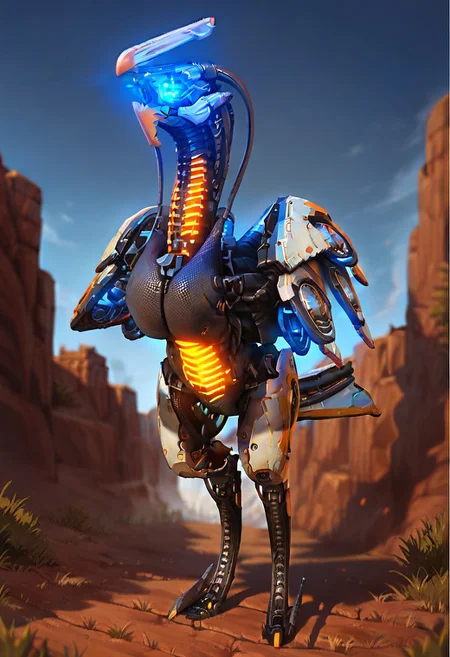 score_9_up, score_8_up, score_7_up, solo focus, full body, dynamic angle,
longleg, robot bird, glowing eyes, wings, ruined city, day