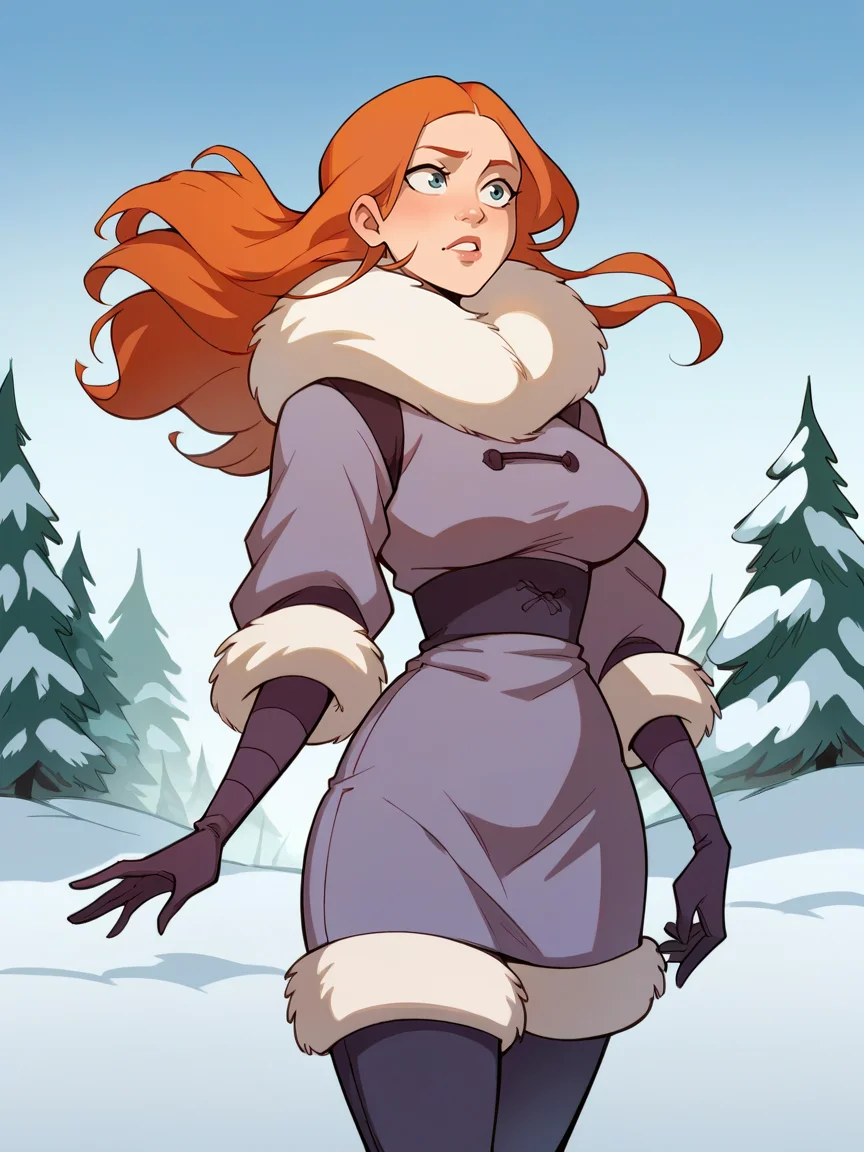score_9, score_8_up, score_7_up, score_6_up, <lora:4v4t4rXLP:1> 4v4t4r, 1girl, curvy, long hair, ginger hair, large breasts, snow, winter clothes,